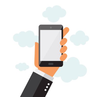 Bir telefon tutarak bir işadamı. Isotaed ekran. Çizimde vektörel çizimler.