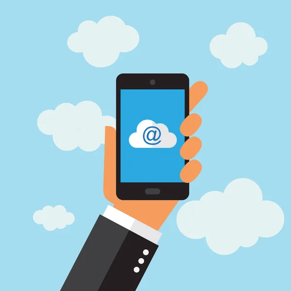 A businessman holding a phone. Cloud icon. Illustration in vectors.