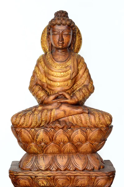 Wooden Buddha Statue Sitting Non Doing White Separated Backdrop — Stock Photo, Image