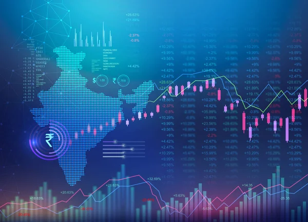 インドルピーの背景 インドの地図とインドの株式市場データ インド金融 経済的背景青抽象的なイラスト ルピー通貨 — ストック写真