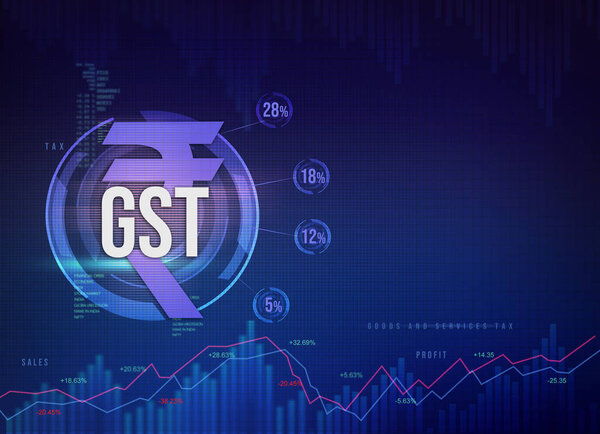Goods and Services Tax India, GST with Indian rupee symbol, abstract background with GST tax slabs illustration, GST finance background, Indian rupee background, rupee currency
