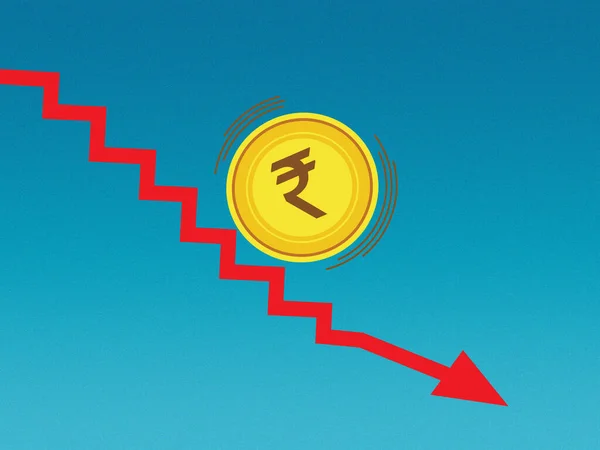 Rupee downfall concept, Indian rupee coin down fall with down arrow, inflation, illustration