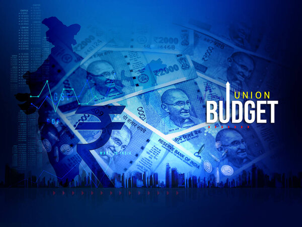 India Union Budget, India economy, finance background, Indian rupee blue abstract background, illustration, rupee currency, rupee background