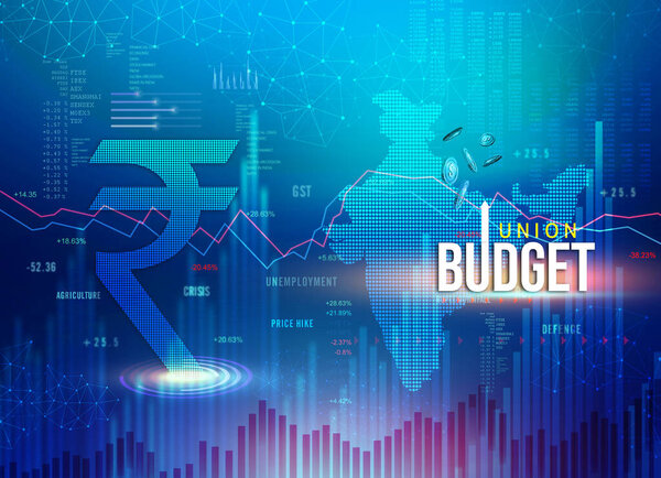 India Union Budget, Indian economy, finance background, Indian rupee blue abstract background with Indian map and rupee symbol, illustration, rupee currency, rupee background