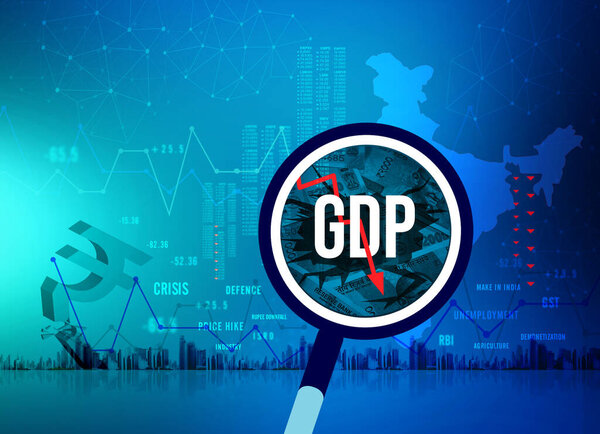 GDP growth downfall, slow down concept, India economic crisis, unemployment, rupee downfall illustration, Indian rupee background, loss, rupee currency, India recession