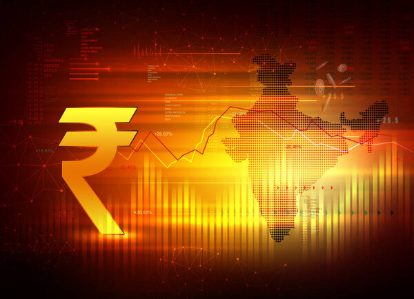 Indian Stock market growth, Indian Rupee Background, Finance, Economy Background, currency, economic development in India, abstract golden yellow background illustration with India map, rupee symbol