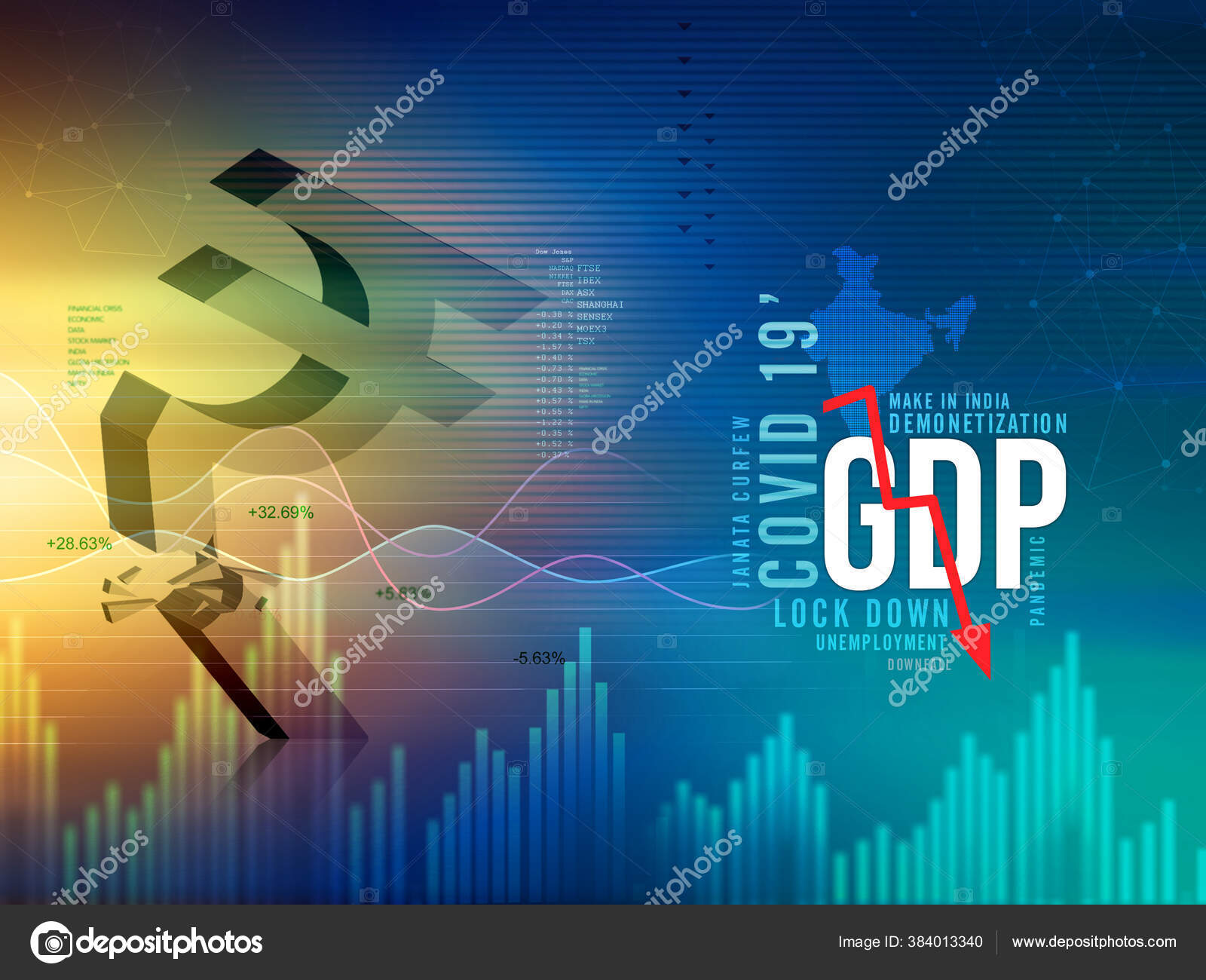 Gdp增长下滑增长放缓印度经济危机日冕大流行卢比贬值印度卢比背景卢比货币印度衰退——图库图片© pixxelstudio91 #384013340