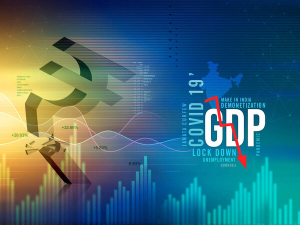 GDP growth downfall, slow down concept, India economic crisis, corona pandemic, unemployment, rupee downfall illustration, Indian rupee background, loss, rupee currency, India recession