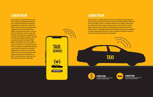 Taksi servisi bilgi grafikleri, akıllı telefon ve taksi başvurusu. Şehir vektör illüstrasyonuna bir taksi çağır.