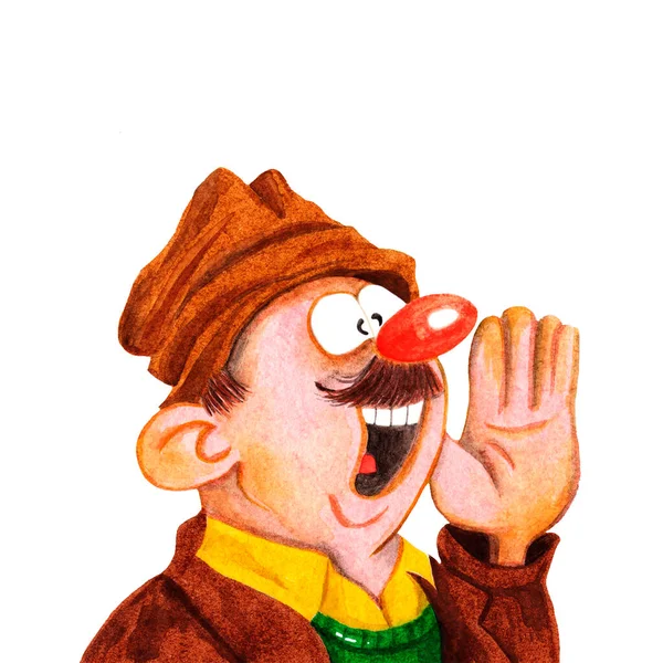 Watercolor Illustration Man Hat Brown Jacket Mustache Red Nose Happy — Stock Photo, Image