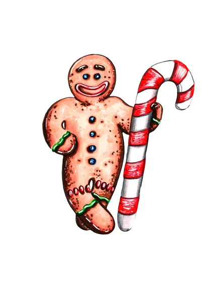 Hand Drawn Marker Illustration Gingerbread Man Festive Cute Smiling Cookie — Stock Photo, Image