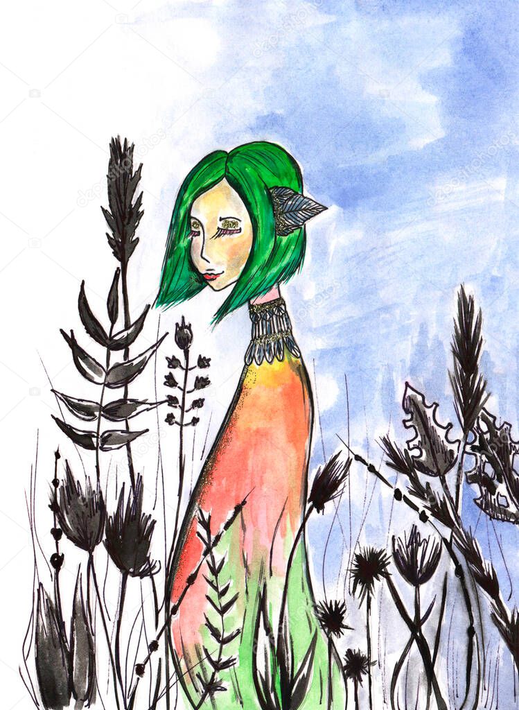 Hand drawn watercolor illustration of elegant magic cartoon green-haired girl with shining eyelids in a grass field on the theme of spring. Image for postcards design, posters and other uses