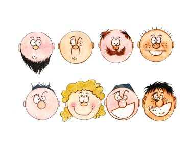 Sekiz tane komik el çizilmiş insan yüzü. Garip suluboya el çizimleri farklı duygular ve beyaza izole edilmiş saç şekilleri. Çizgi roman ikonları. Farklı genç insanlardan oluşan bir grup güzel kadın ve erkekler. Mutlu arkadaşlar günü. İnsan hakları