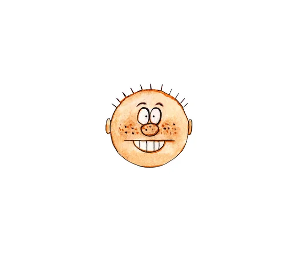手绘水彩画 简单的卡通人物脸上有雀斑 有趣的奇怪的脸草图 面部表情 笑男孩的大牙齿和奇怪的发型 — 图库照片