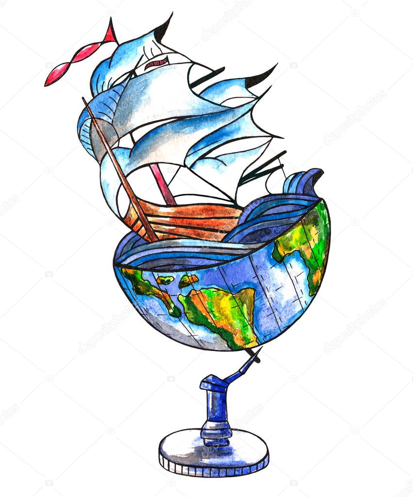 Hand drawn watercolor illustration of sailing ship and globe. Earth day, world tourism day. Travel around the world, voyage. Planet as a globe image isolated on white background. Trip postcard, poster