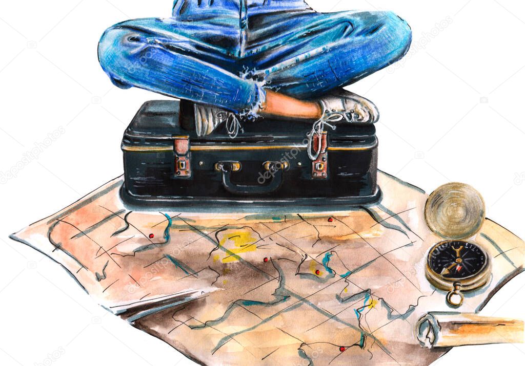 Hand drawn illustration of girl in blue jeans and sneakers sitting on a suitcase. Travel illustration: luggage bag, map, compass. Tourism art preparation of stylish accessories. For blog, banner, logo