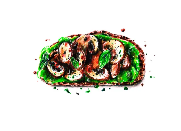 Handgezeichnete Marker Illustration Von Sandwich Mit Avocado Geschnittenen Pilzen Salatblättern — Stockfoto