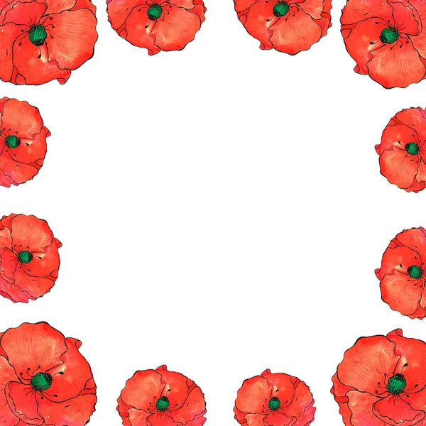 Met Hand Getekend Rood Papaver Decoratieve Bloem Frame Elegante Stijl — Stockfoto