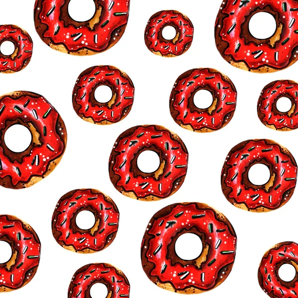 Padrão Doce Sem Costura Donuts Polvilhados Vermelhos Desenhados Mão Isolados — Fotografia de Stock