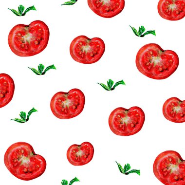 Domates dilimlerinin ve nane yapraklarının beyaza izole edilmiş kusursuz deseni. Masa örtüsü, tekstil ve kumaş için mutfak tezgahı. Çiftçi eko gıda pazarı. Hasat festivali sezonu. Organik gıda paketi