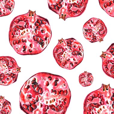 Suluboya nar deseni. Egzotik stilize meyvelerin kusursuz tropikal deseni. Yarım nar süsü dekoratif süs. Tasarım, tekstil, kumaş, kartpostallar, ambalaj için klasik çizim