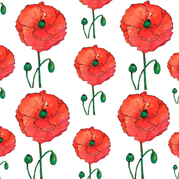 Elegancki Jasny Bezszwowy Wzór Czerwonych Kwiatów Maku Projektowania Materiałów Włókienniczych — Zdjęcie stockowe