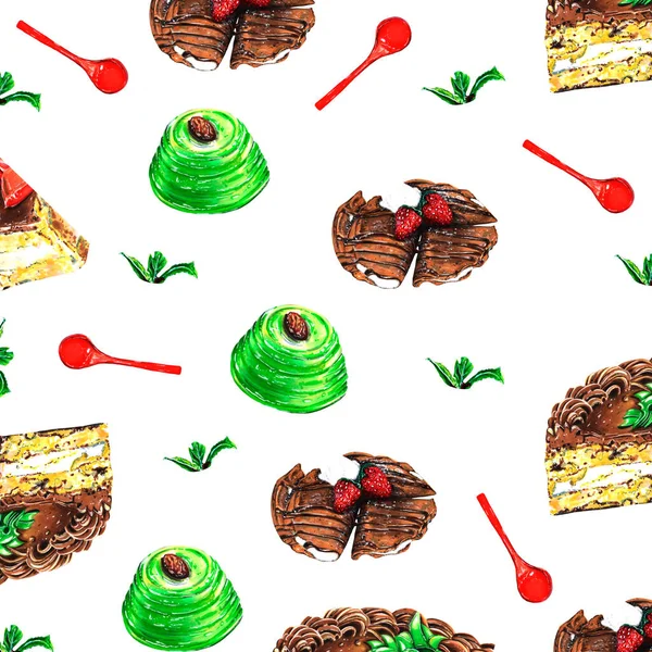 Juicy bright seamless pattern of desserts for cafe menu wrapping greeting card fabric textile print. Hand drawn in alcohol markers. Sweet objects isolated on white. Cheat meal restaurant celebration