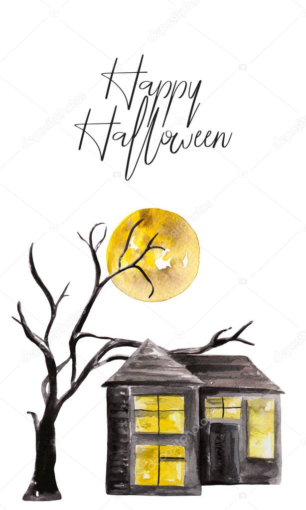 Pre-made happy Halloween holiday card with haunted house, tree and whole moon. Poster design. Template for greeting card or seasonal invitation. Party announcement sample. October celebration gift
