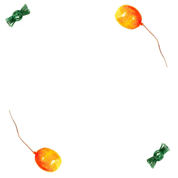 Beyaz Üzerine Izole Edilmiş Şirin Yeşil Şeker Turuncu Balonların Şablonu — Stok fotoğraf