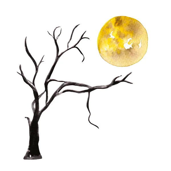 Illustrazione Disegnata Mano Acquerello Silhouette Albero Scuro Luna Piena Isolata — Foto Stock