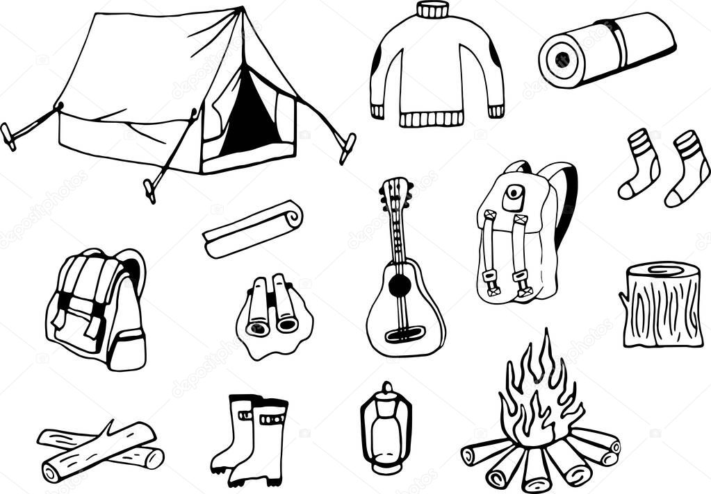 Vector camping tourism doodles set. Hand drawn icons for stickers, travel blog, passport cover, prints, poster and stationery. Suitable for postcards, banners. Van, backpacks, tent, bonfire, sweater