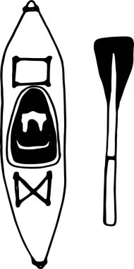 Kürekli tatlı karalama kanosu. Beyaz üzerine izole edilmiş el çizimi vektör kampı çizimi. Çıkartmalar, posterler, afişler, reklamlar, tebrik kartları, spor veya seyahat blogları için aktif yürüyüş ögesi