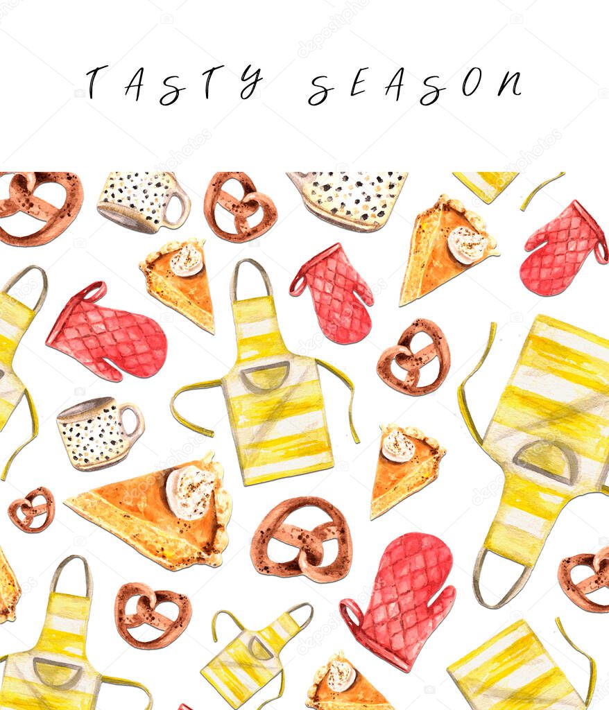 Greeting card template with hand drawn in watercolor pattern and text. Backdrop for autumn holiday of kitchen apron and oven glove, pumpkin pie and pretzel. For invitation card, poster, flyer, banner