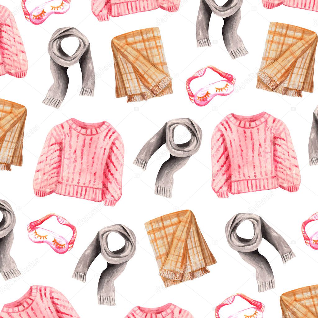 Watercolor seamless pattern of sweater, scarf, sleeping mask and cozy blanket isolated on white. Cute backdrop of warm clothes for fabric, wrapping paper, seasonal decor, invitation or greeting card