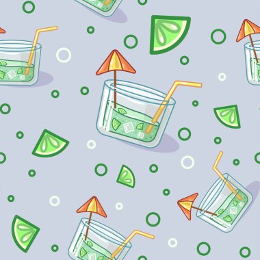 Duvar kağıtları için taze yaz içeceklerinin, kokteyllerin ve limonataların kusursuz vektör deseni.