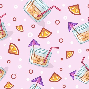 Duvar kağıtları için taze yaz içeceklerinin, kokteyllerin ve limonataların kusursuz vektör deseni.