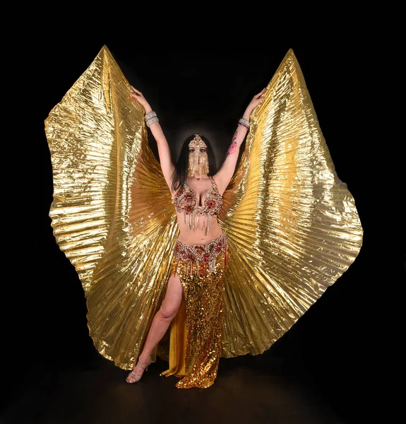 Танцующая Девушка Восточном Платье Золотыми Крыльями Махала Руками Птица Завуалированным — стоковое фото