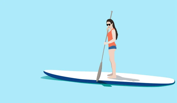 Young European woman standing on sup board isolated — Stock Vector