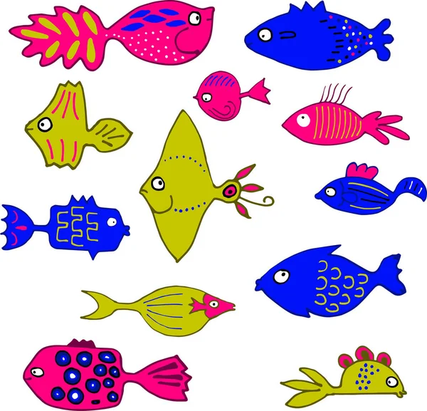 Σύνολο από doodle φωτεινά ψάρια ιδανικό για το σχεδιασμό αυτοκόλλητων ή άλλα — Διανυσματικό Αρχείο