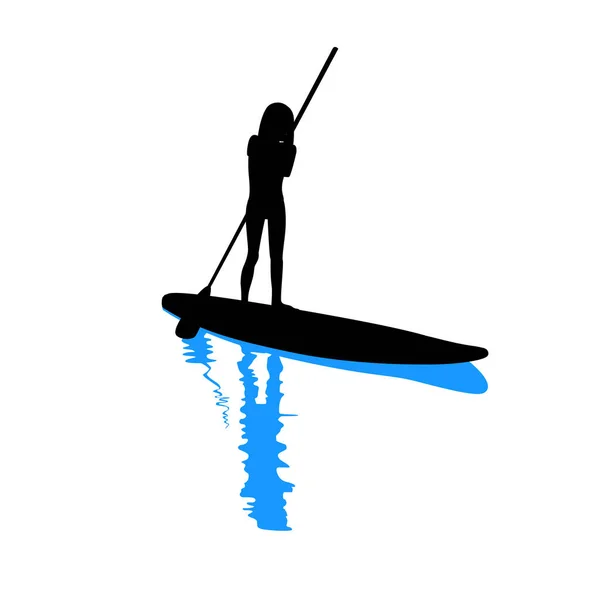 Ragazza bambino in piedi su sup board sulla silhouette del fiume — Vettoriale Stock