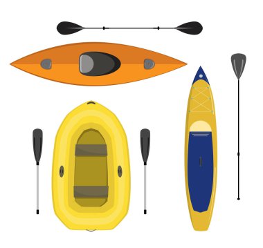 Rafting için tekne seti: Kürek tahtası, kano ve şişirilebilir tekne izole edilmiş.