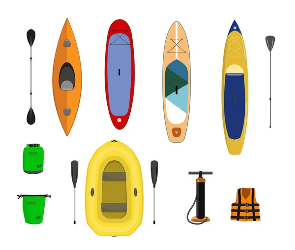 Set di barche e attrezzi per il rafting: tavole da paddle, kayak e barche gonfiabili illustrazione isolata. — Vettoriale Stock