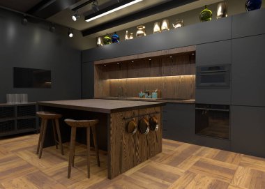 Kara ahşap adalı siyah mutfak, bar taburesi ve altın dekorlu. 3d Hazırlama
