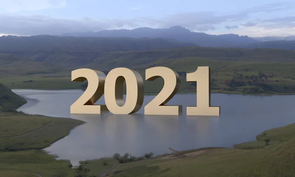 2021 Gold Numbers Lake Render — Stock Photo, Image