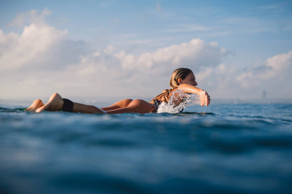 Attractive surf woman rowing on the surfboard. Woman with surfboard in ocean. Surfer and ocean