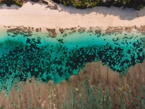 Pohled Shora Tropickou Pláž Tyrkysovou Mořskou Vodou Útes Letecké Dron — Stock fotografie