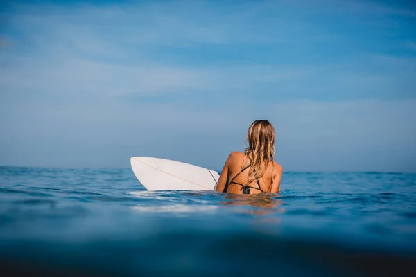 Attractive surf woman rowing on the surfboard. Woman with surfboard in ocean. Surfer and ocean