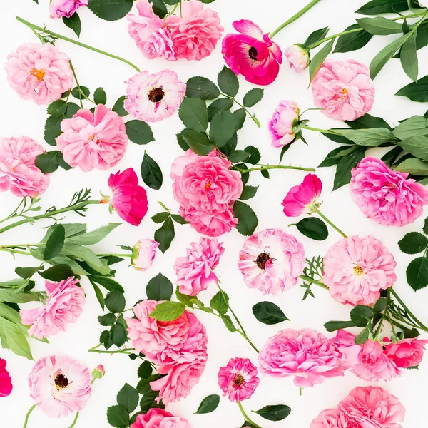 Pattern composition of pink rose flowers on white background. Flat lay, Top view. Flowers texture.
