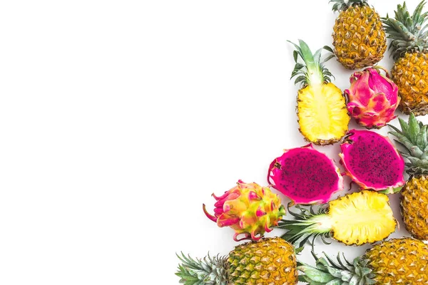 Patroon Van Ananas Draak Vruchten Witte Achtergrond Plat Lag Top — Stockfoto