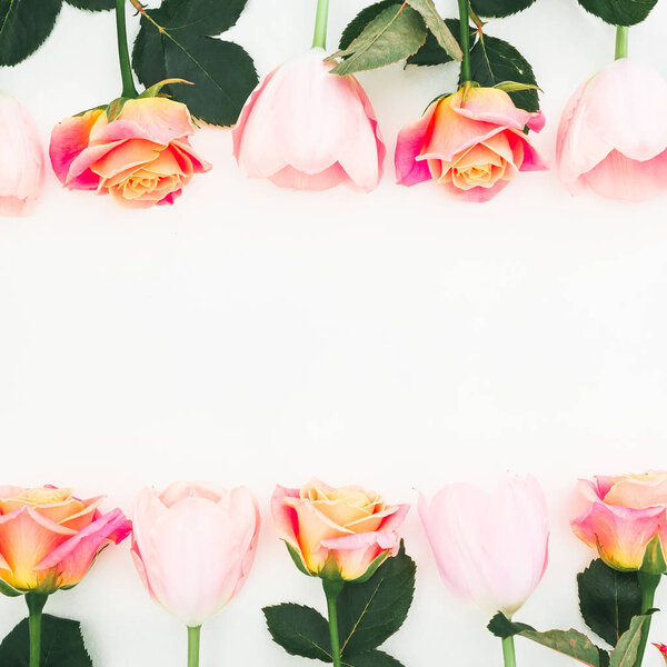 Frame composition of pink rose flowers on white background. Flat lay, Top view. Flowers texture.